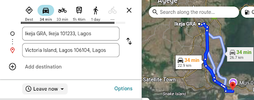 Distance from Ikeja to VI, Lagos